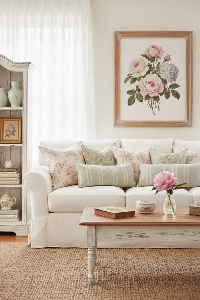 Salon Shabby Chic années 90 harmonieux avec canapé en lin, coussins assortis, étagère décorative et palette de couleurs pastel cosy.