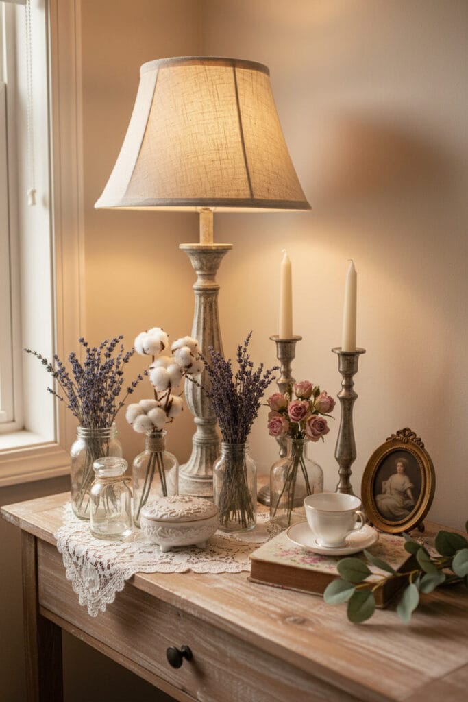 Nature morte d'accessoires Shabby Chic : lampe en métal vieilli, chandeliers, bocaux en verre, dentelle et bibelots délicats.