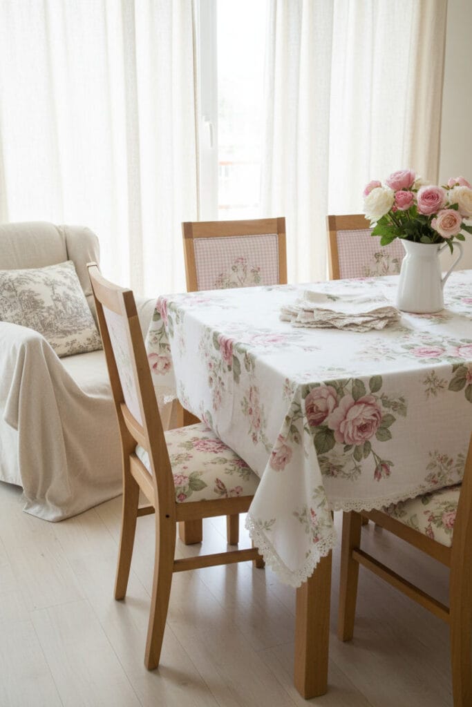 Textiles et motifs Shabby Chic : nappe à roses anglaises, rideaux en lin, coussins assortis et imprimés floraux pastel dans une salle à manger.