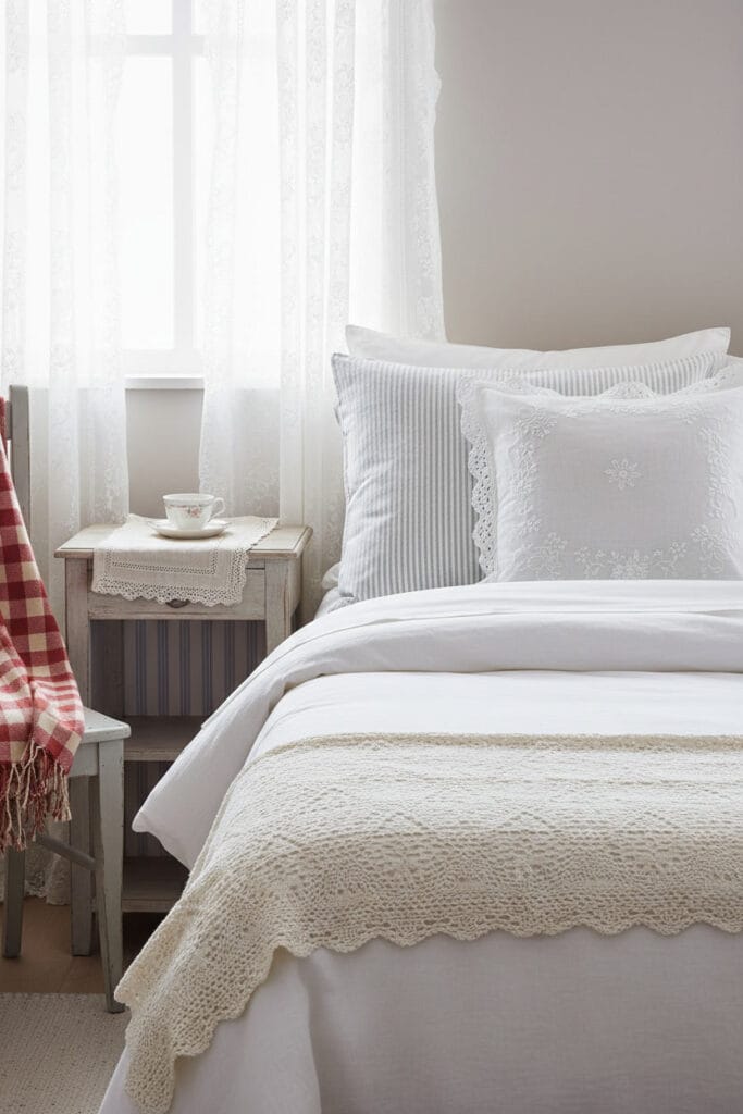 Mélange de textiles Shabby Chic dans une chambre : broderie, dentelle, couverture à carreaux et rayures pour une ambiance douce et champêtre.