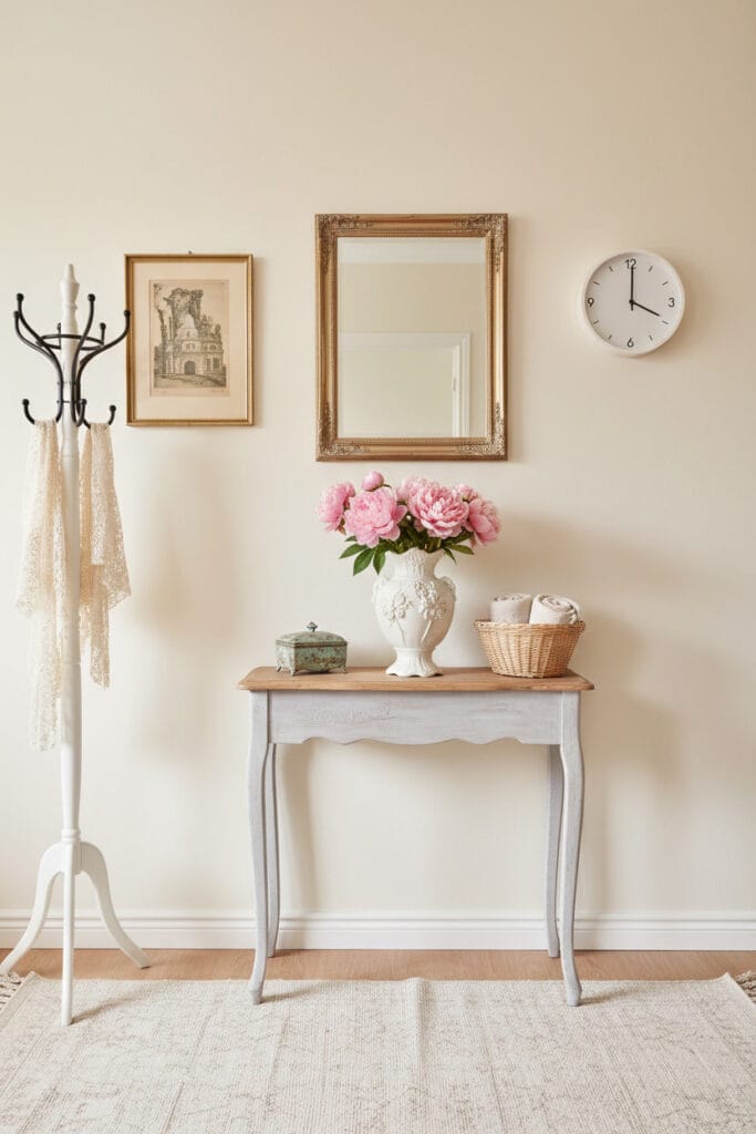 Entrée d'appartement décorée en style Shabby Chic avec console, vase en porcelaine, miroir doré, panier en osier et ambiance cosy.