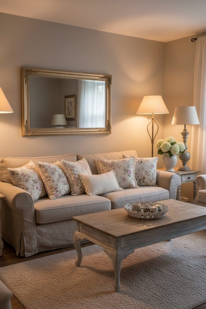 Salon Shabby Chic en fin de journée avec canapé en lin, table basse patinée, tapis doux, miroir ancien et luminaires en métal vieilli.