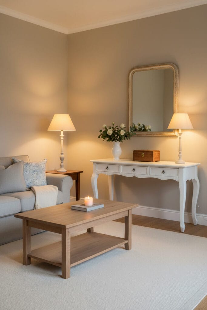 Intérieur Shabby Chic harmonieux et épuré au crépuscule, démontrant l'équilibre parfait entre charme vintage et espace aéré.