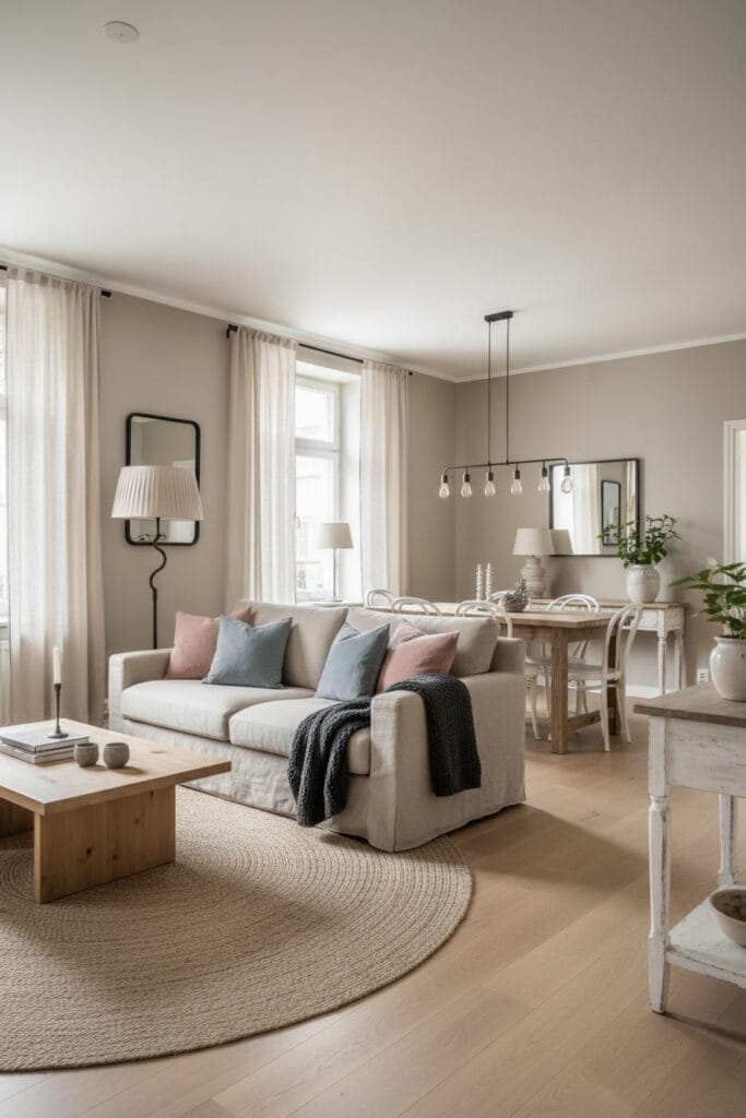 Intérieur ouvert Shabby Chic harmonieux avec palette de couleurs nuancée (beige, gris, bois naturel) et matériaux authentiques (lin, fer forgé).