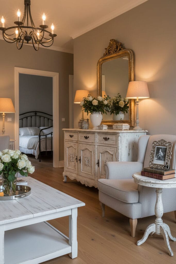 Intérieur d'appartement Shabby Chic montrant un salon et un couloir avec buffet patiné, miroir ancien, objets chinés et ambiance tamisée.