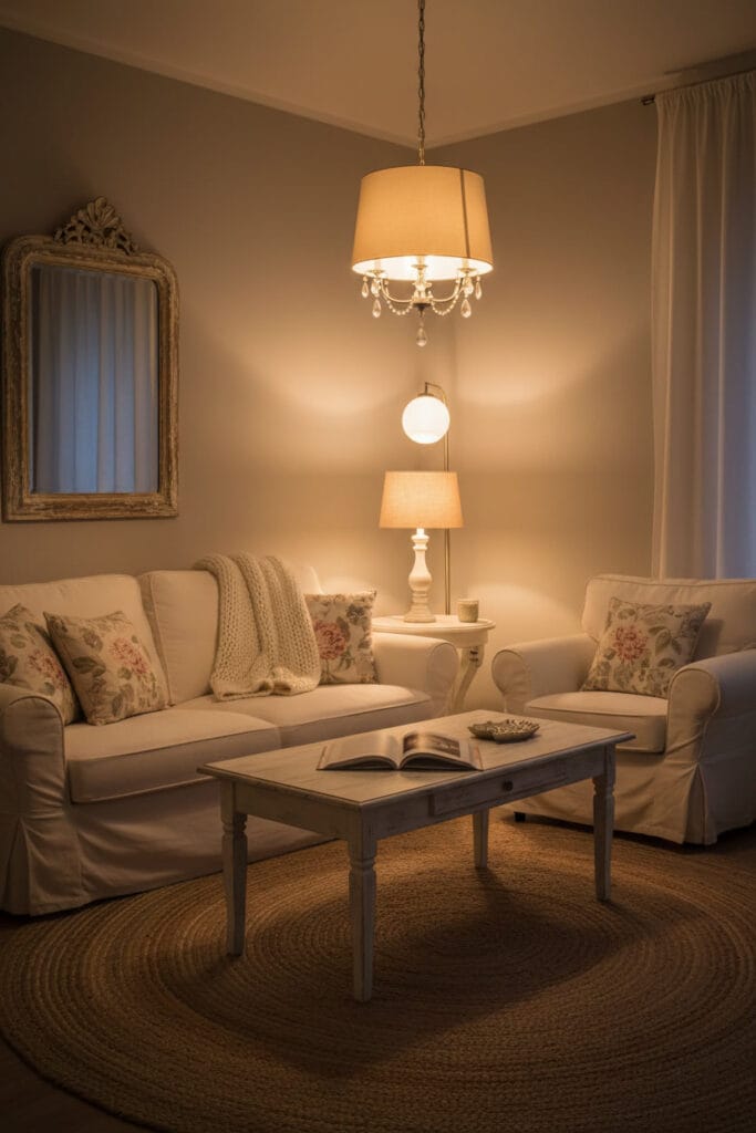 Petit salon Shabby Chic avec éclairage tamisé : suspension à abat-jour tissu, lampes en bois patiné et ambiance cocooning chaleureuse.