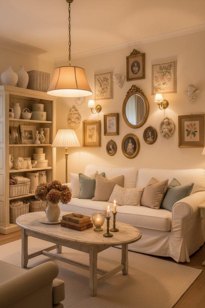 Salon Shabby Chic cosy et romantique en soirée, mobilier patiné, textiles doux, touches de couleurs contrastantes harmonieuses, décorations murales Shabby Chic