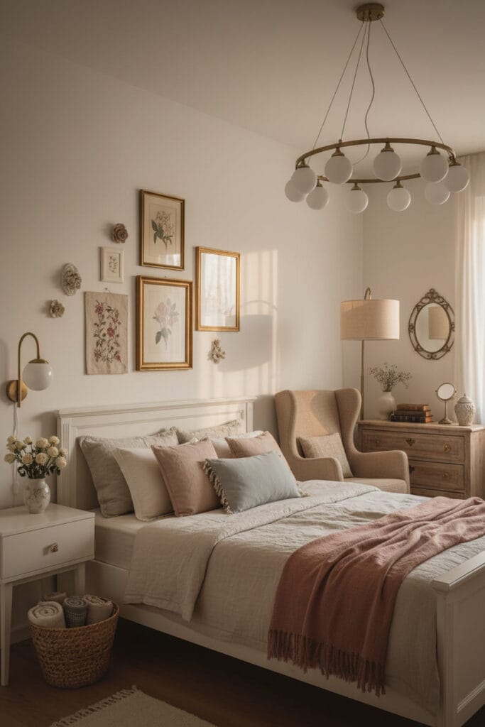 Chambre Shabby Chic moderne et épurée, patiné bois clair, literie en lin, coussins délicats, touches contrastantes harmonieuses, décorations murales Shabby Chic