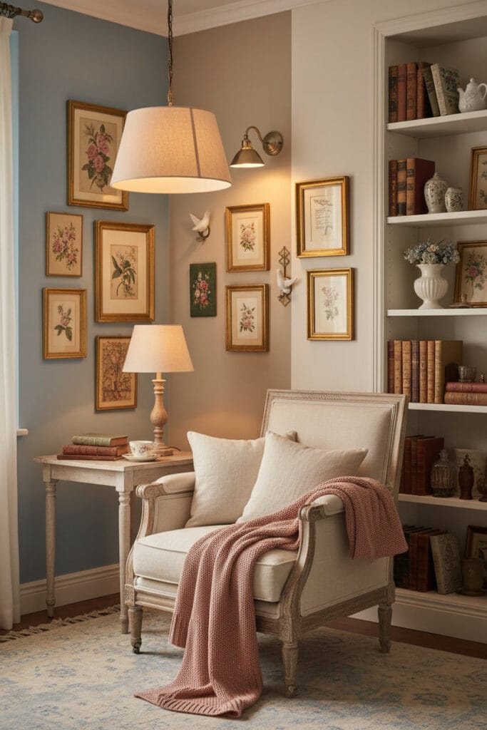 Coin lecture Shabby Chic raffiné, mobilier légèrement patiné mais élégant, coussins et plaids doux, murs équilibrés et décorations murales subtiles