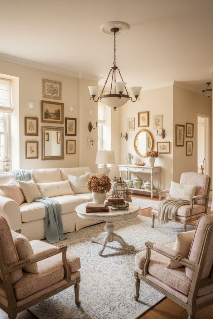 Salon et couloir Shabby Chic élégants et cosy, mobilier légèrement patiné mais raffiné, coussins et textiles doux, murs équilibrés avec décorations subtiles