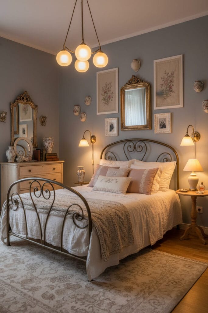 Chambre Shabby Chic élégante et cosy, avec lit en fer forgé, meubles en bois patiné légèrement, coussins brodés et textiles doux, murs décorés avec équilibre
