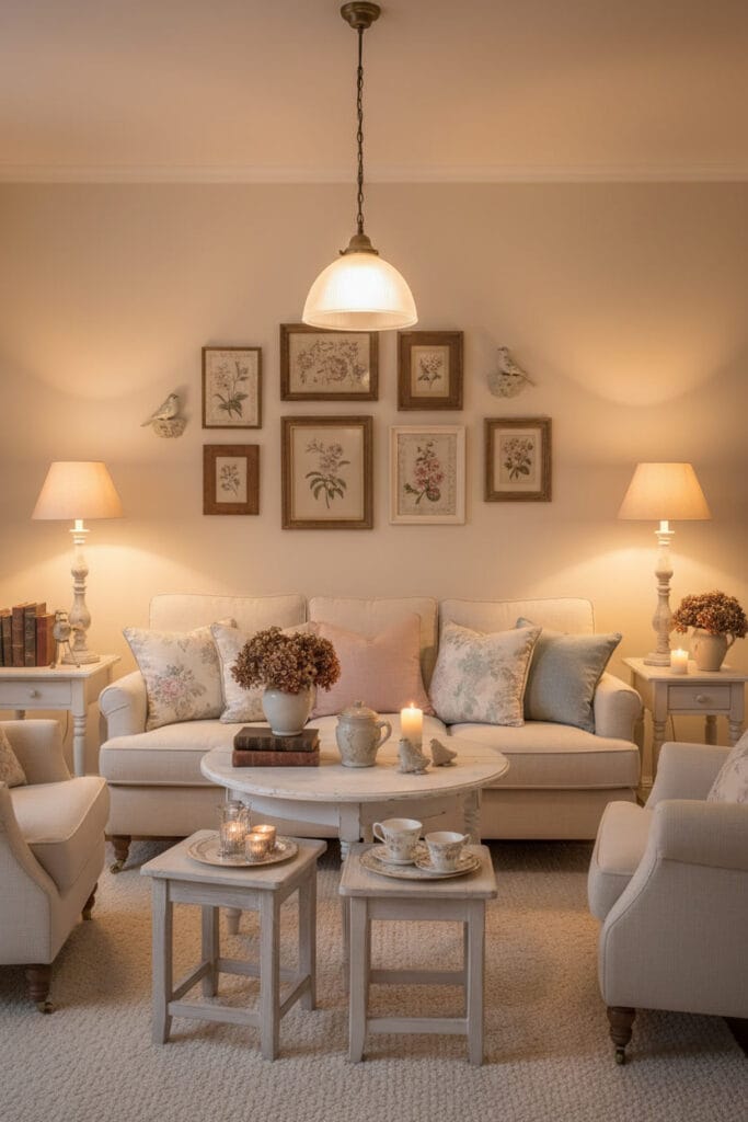 Petit salon Shabby Chic élégant et cosy, mobilier légèrement patiné, coussins et plaids doux, murs décorés avec équilibre et harmonie, lumières tamisées de soirée, suspensions et lampes sur pieds en bois patiné.