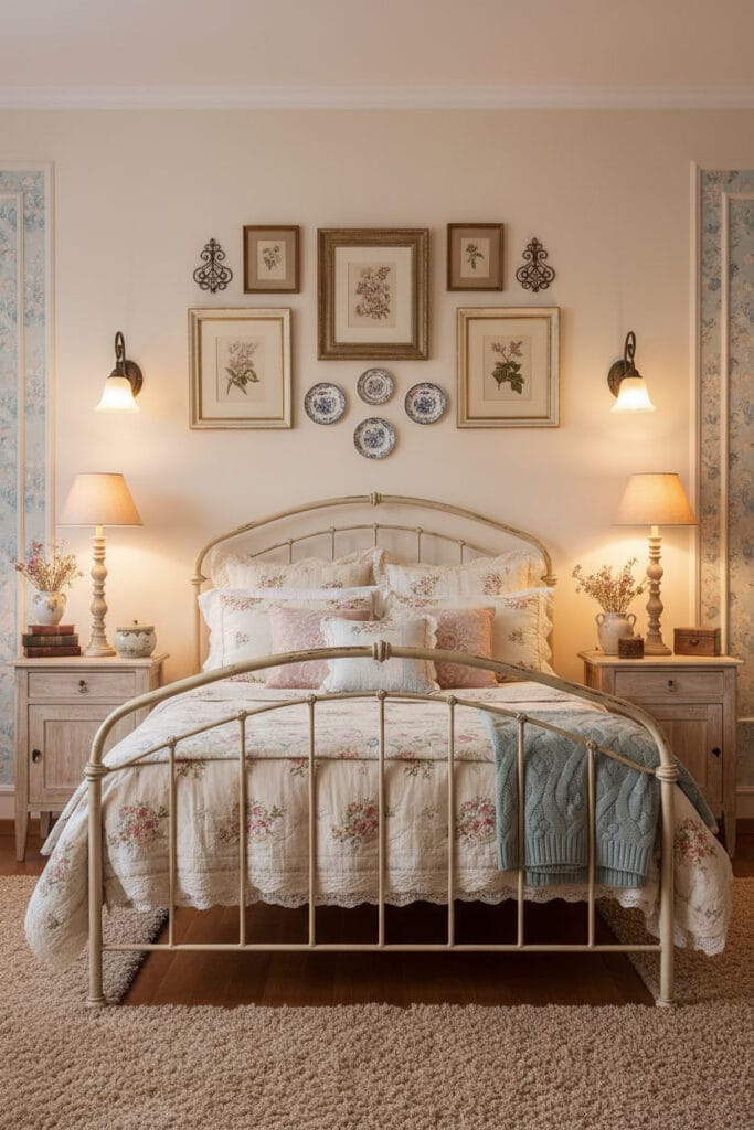 Chambre Shabby Chic romantique en soirée, lit en fer forgé ou bois patiné, draps en lin et coussins brodés, tables de chevet vintage, murs décorés harmonieusement avec touches florales, lumière tamisée chaleureuse.