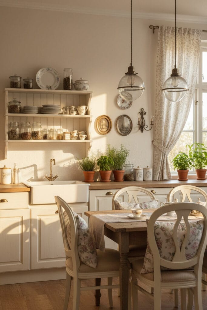 Cuisine Shabby Chic lumineuse en après-midi, meubles en bois patiné élégant, étagères ouvertes avec vaisselle ancienne, table en bois brut, chaises rétro, plantes aromatiques près de la fenêtre et suspensions en métal vieilli.