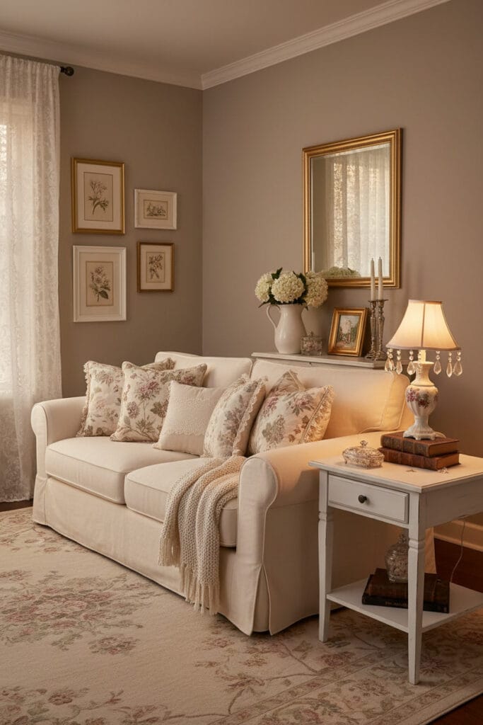 Décoration murale et accessoires Shabby Chic dans un salon aux tons doux, miroir doré, coussins fleuris et ambiance cocooning de fin de journée.