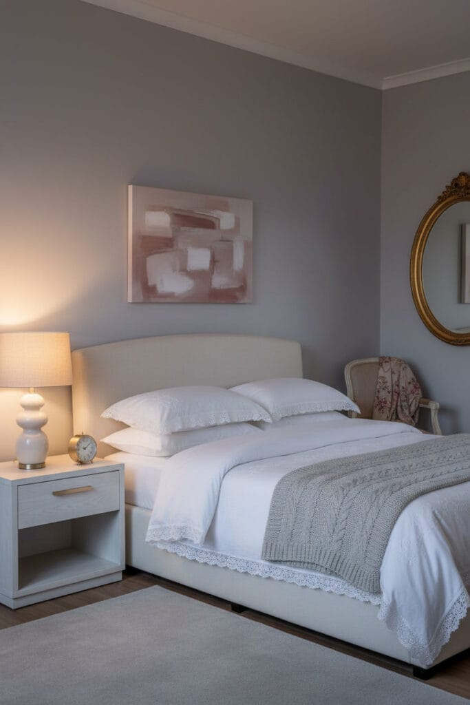 Chambre Shabby Chic moderne et épurée en fin de journée, avec lit en lin, miroir doré, éclairage doux et palette de couleurs apaisantes.