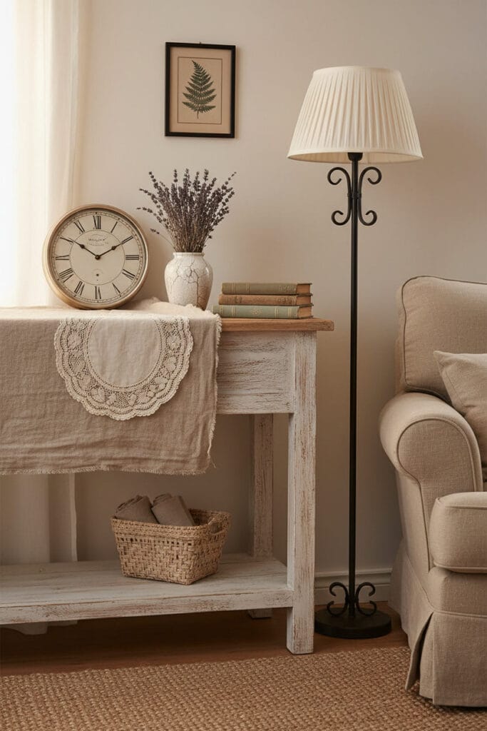 Détail des matières naturelles Shabby Chic : bois patiné, lin, dentelle, fer forgé et céramique dans un coin salon cosy.