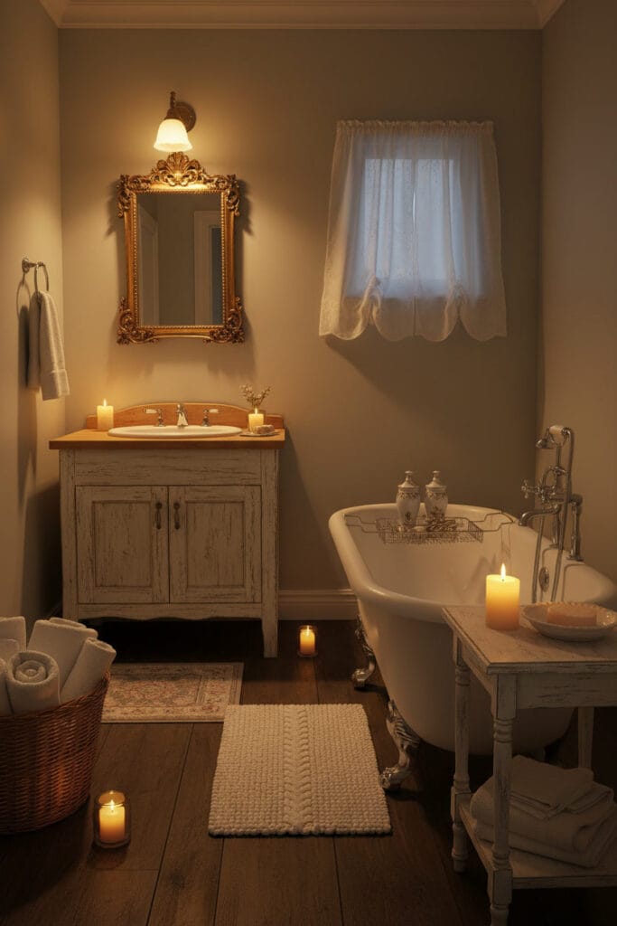 Salle de bain Shabby Chic chaleureuse et cosy avec baignoire sur pieds, éclairage tamisé, bois patiné et accessoires en osier.