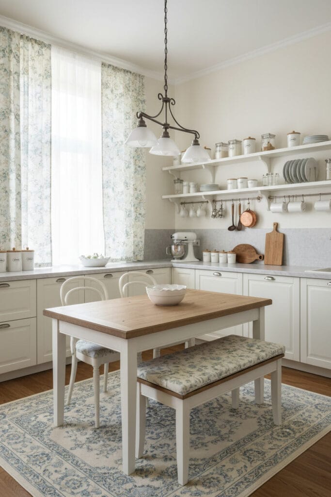 une cuisine Shabby Chic harmonieuse avec éléments blancs, étagères ouvertes, table en bois, chaises rétro et rideaux à fleurs.