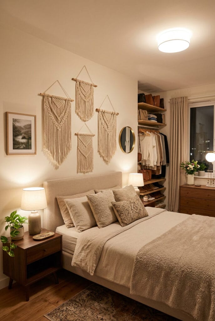 Composition de macramés muraux bohèmes dans une décoration murale chambre