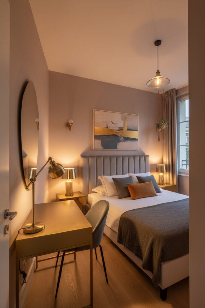 une chambre d'appartement décorée dans un style contemporain et apaisant. Les murs sont peints en mauve grisé subtil