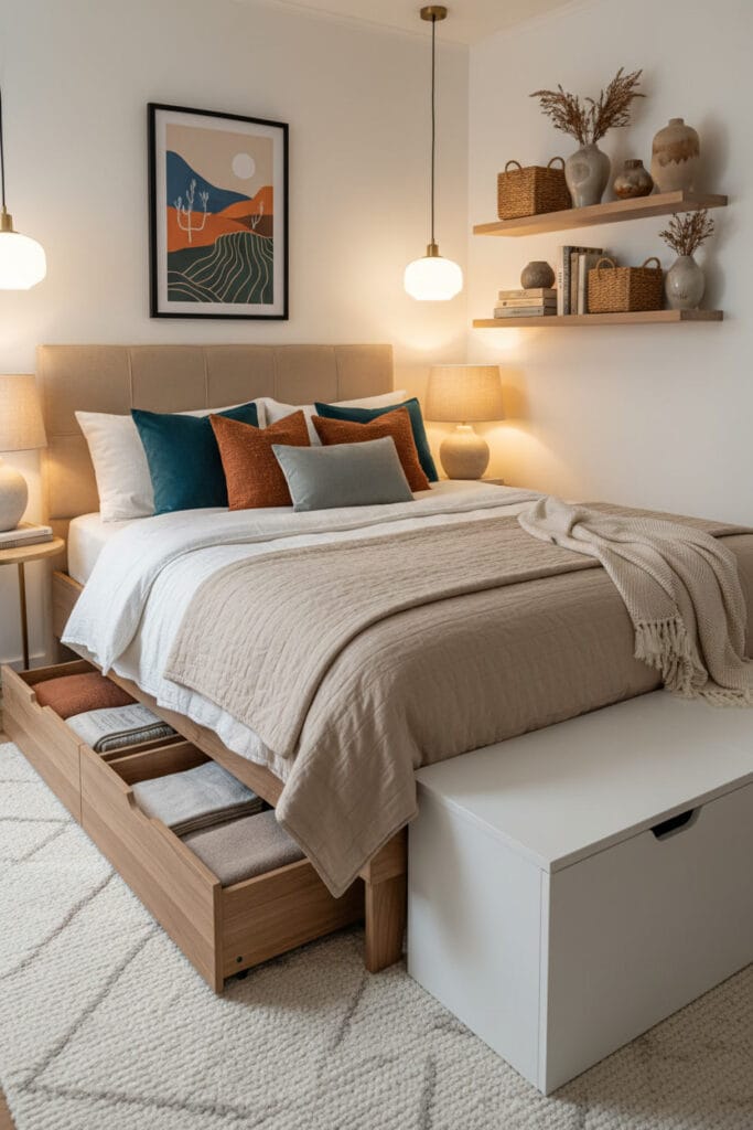 Chambre Douillette organisée style mid-century cocoon