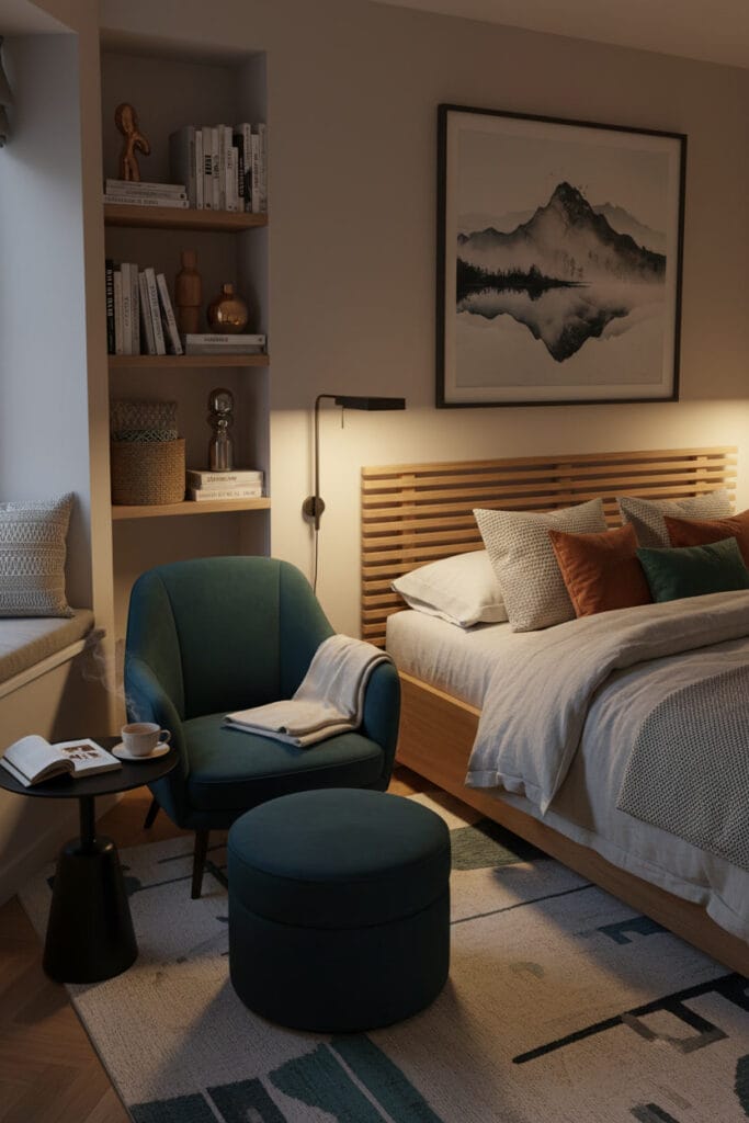 Coin lecture cosy et contemporain intégré dans une chambre douillette