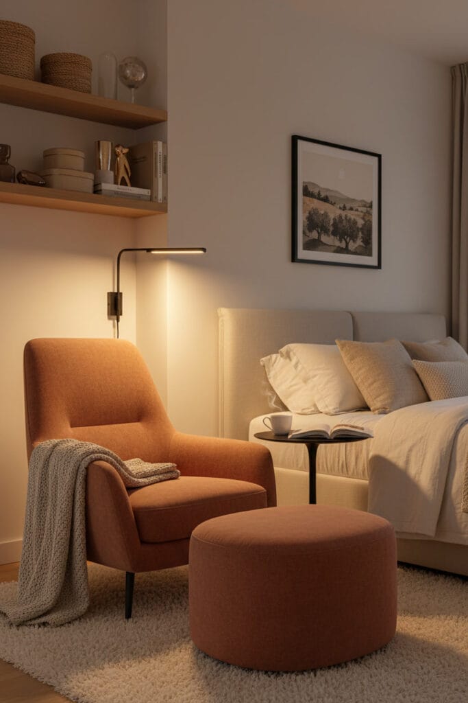 Coin lecture méditerranéen cosy intégré dans une chambre douillette