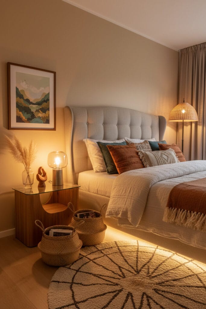 Chambre douillette style Boho Chic avec tête de lit en lin et décoration murale cosy