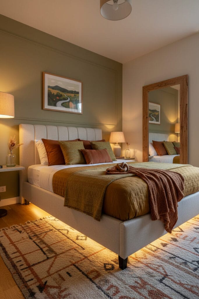 chambre douillette avec mur vert-de-gris et miroir