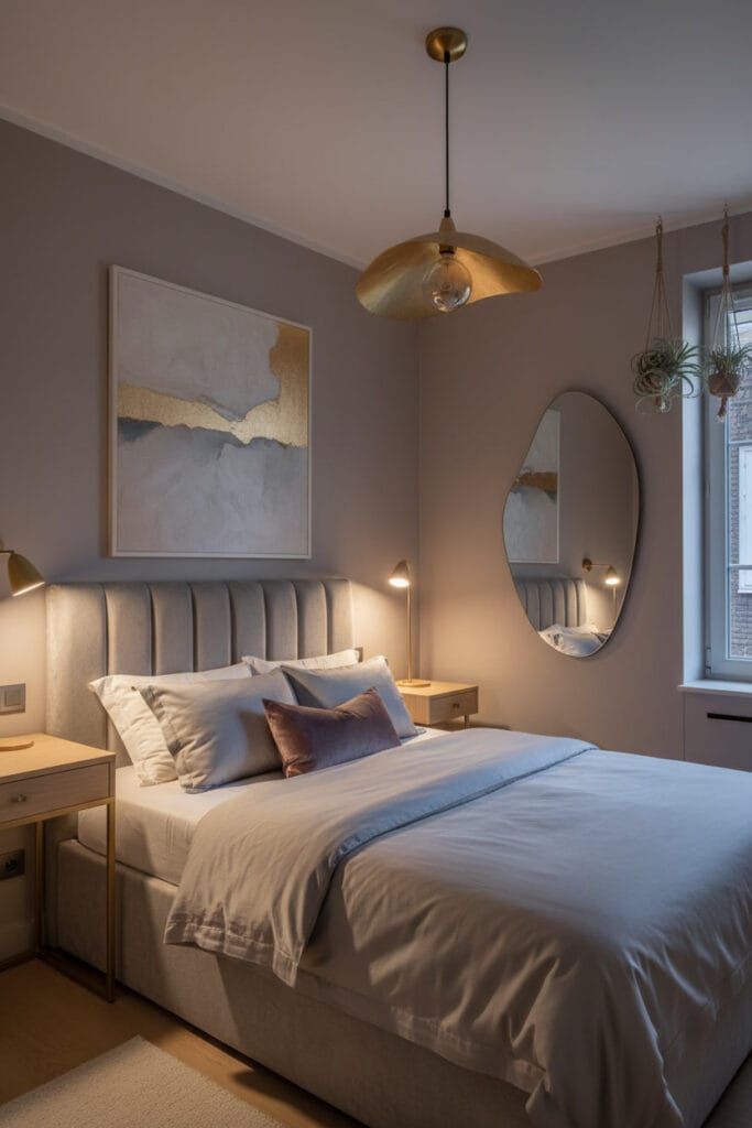 Photographie d'une chambre d'appartement en soirée, ambiance chaleureuse et cocooning. Les murs sont d'un ton mauve grisé et mat. Le lit, au centre, possède une grande tête de lit capitonnée en velours gris perle, avec des coussins en soie. Une suspension, des appliques murales et une lampe de chevet en métal doré diffusent une lumière tamisée.