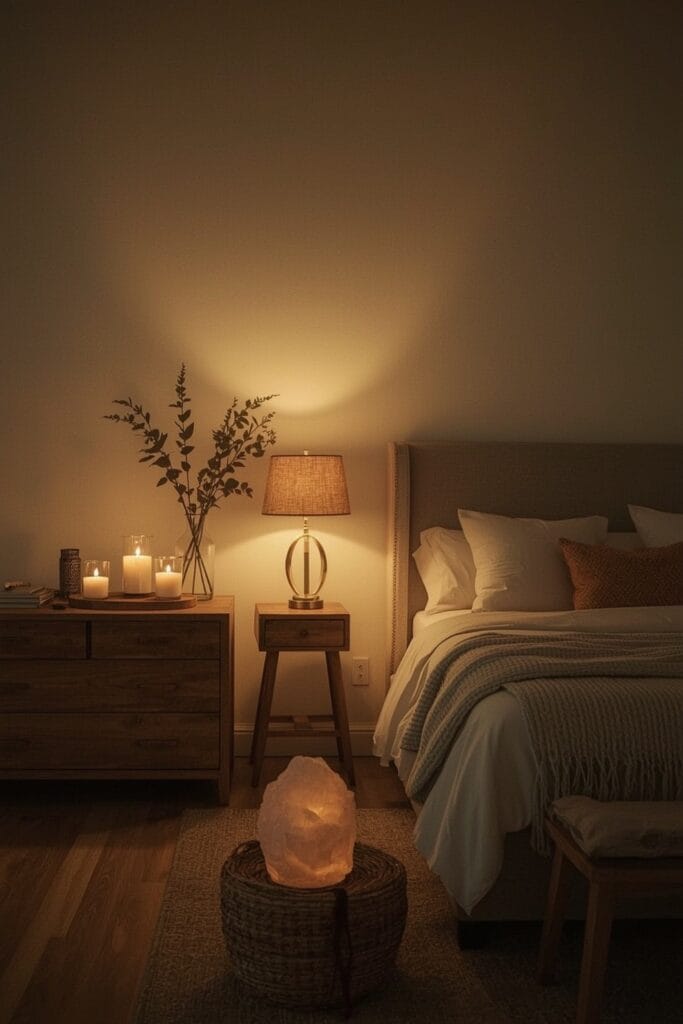 une chambre douillette de style campagne chic en soirée, éclairée par la lueur magique de bougies à la cire de soja et d'une lampe de sel Himalayen