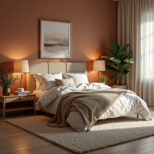 Chambre douillette avec lit moelleux, éclairage chaud et matériaux naturels créant une ambiance cosy et apaisante