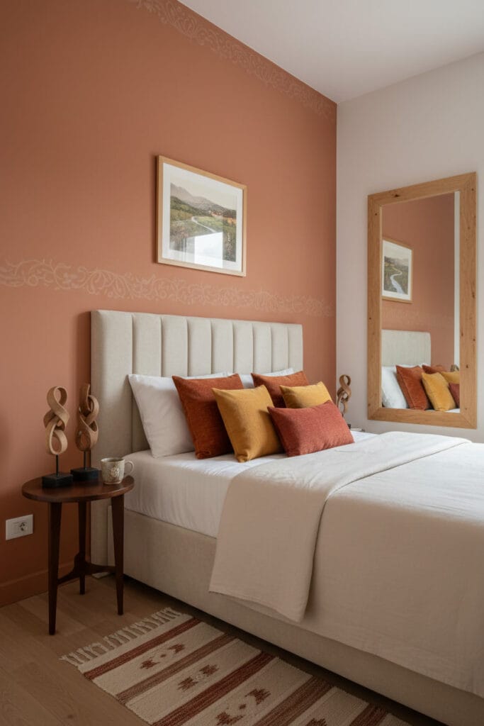 chambre douillette avec mur terracotta et miroir