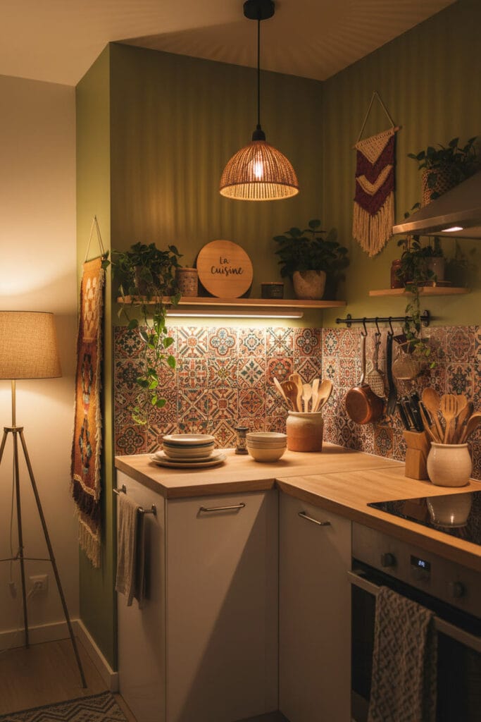 Décoration Murale Cuisine mettant en valeur une crédence adhésive contrastée dans une cuisine moderne bohème chic.