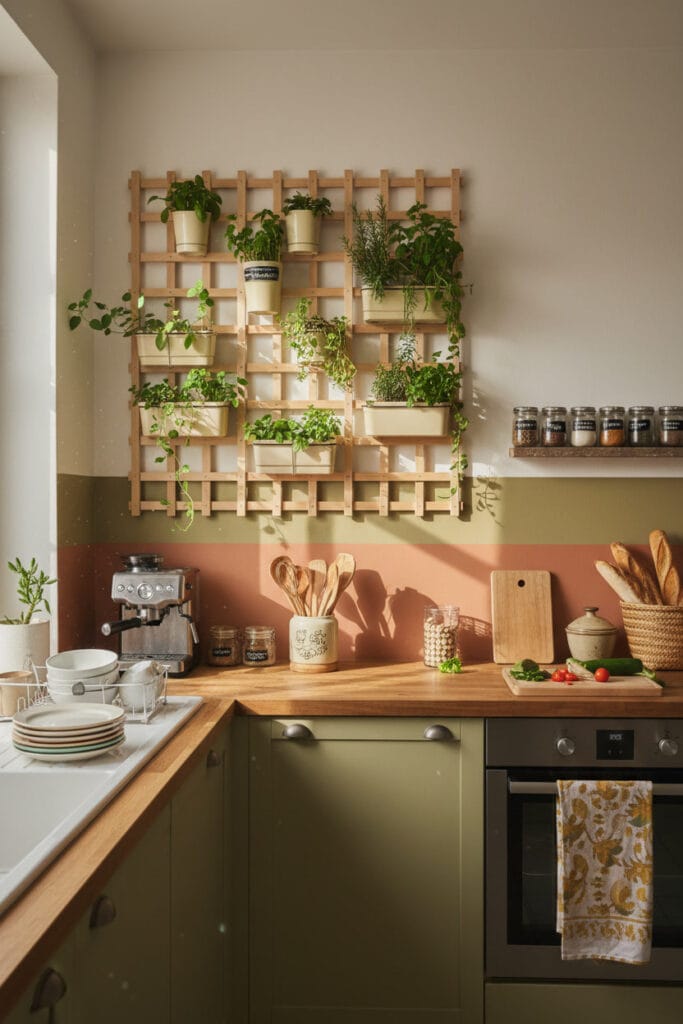 Décoration Murale Cuisine avec un mur végétal discret et harmonieux apportant fraîcheur et authenticité.