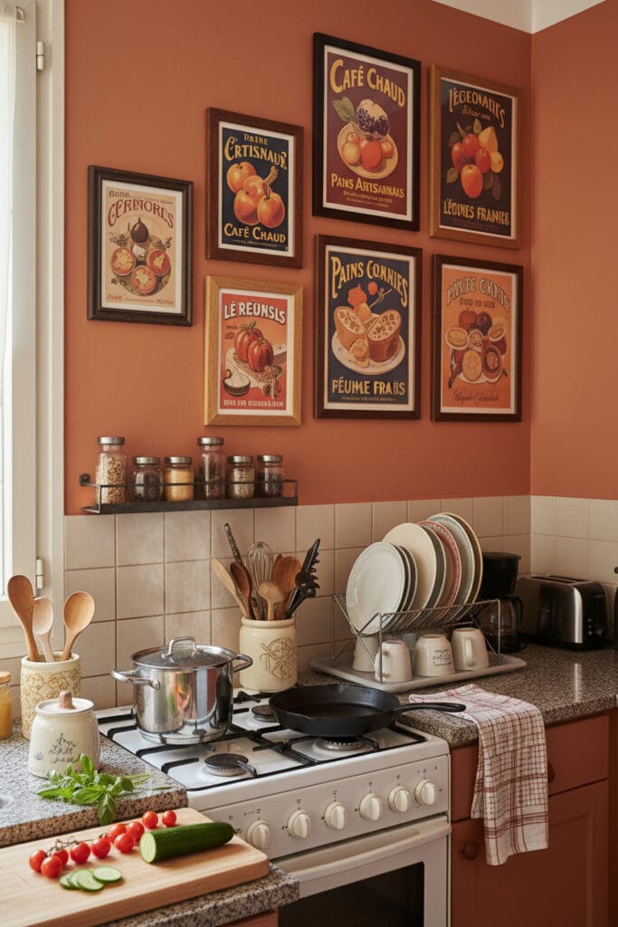 Décoration Murale Cuisine avec affiches rétro disposées en galerie murale.