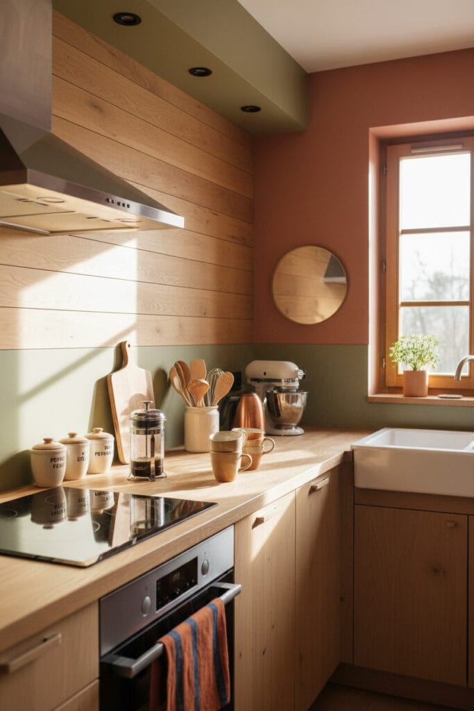 Décoration Murale Cuisine avec panneaux en bois dans une cuisine contemporaine cosy baignée de soleil.