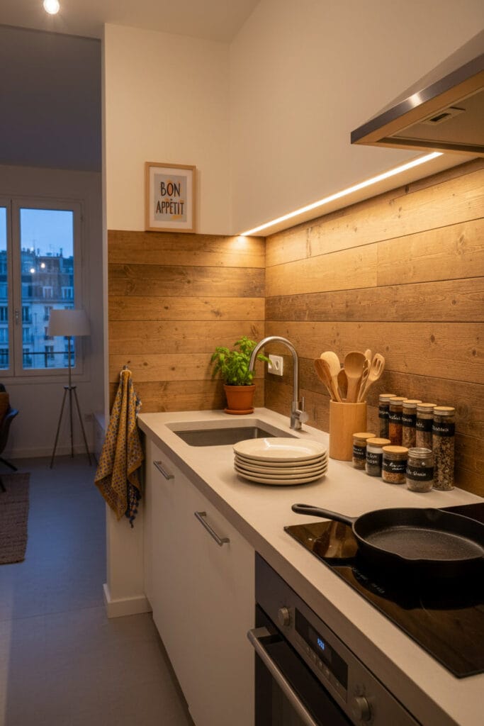 Décoration Murale Cuisine avec panneaux en bois sur une partie des murs dans une cuisine contemporaine rustique en soirée.