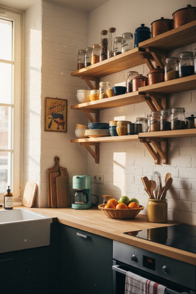Décoration Murale Cuisine mettant en valeur des étagères murales fonctionnelles et esthétiques.