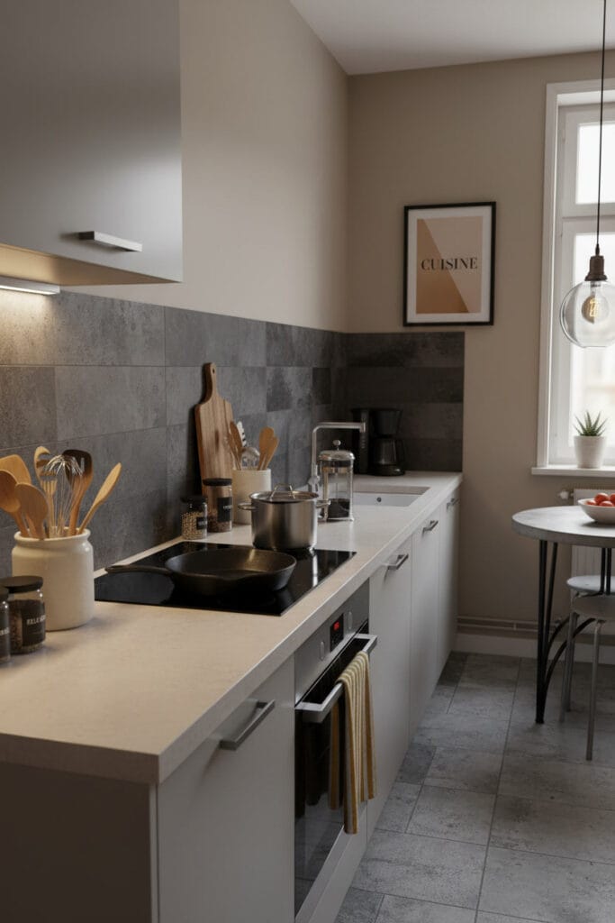 Décoration Murale Cuisine avec crédence décorative adhésive contrastée dans une cuisine moderne industrielle chic.