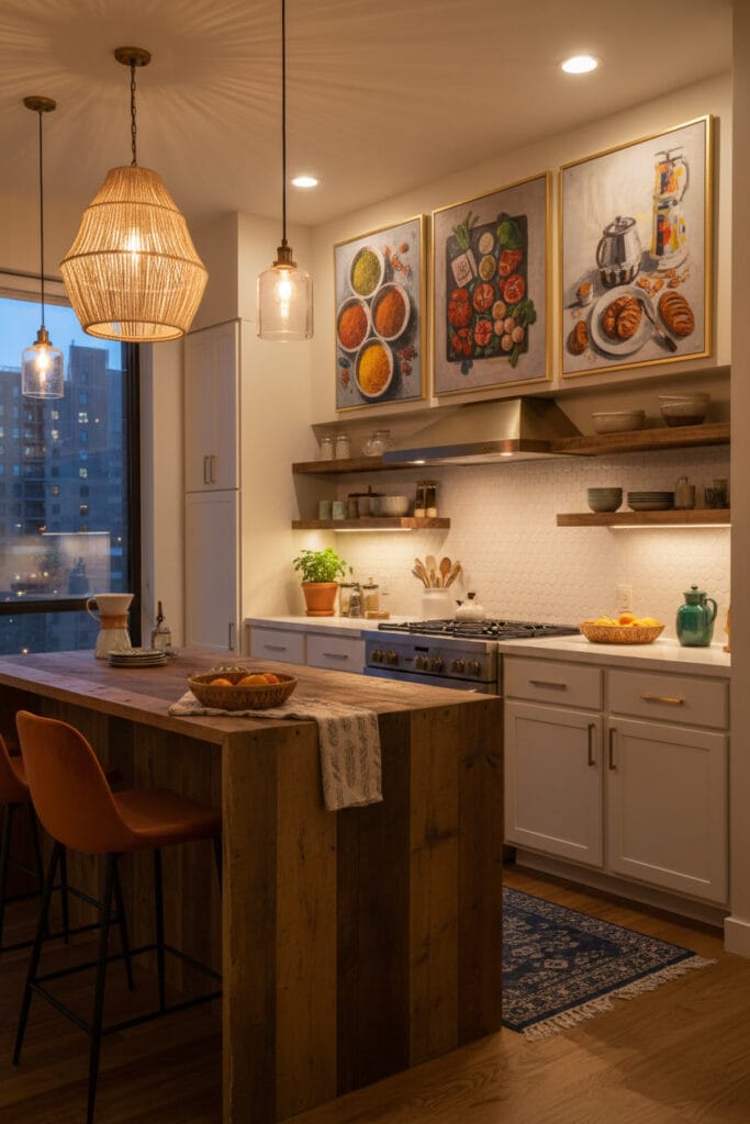 Décoration Murale Cuisine avec tableaux culinaires créant du caractère et du relief sur les murs.