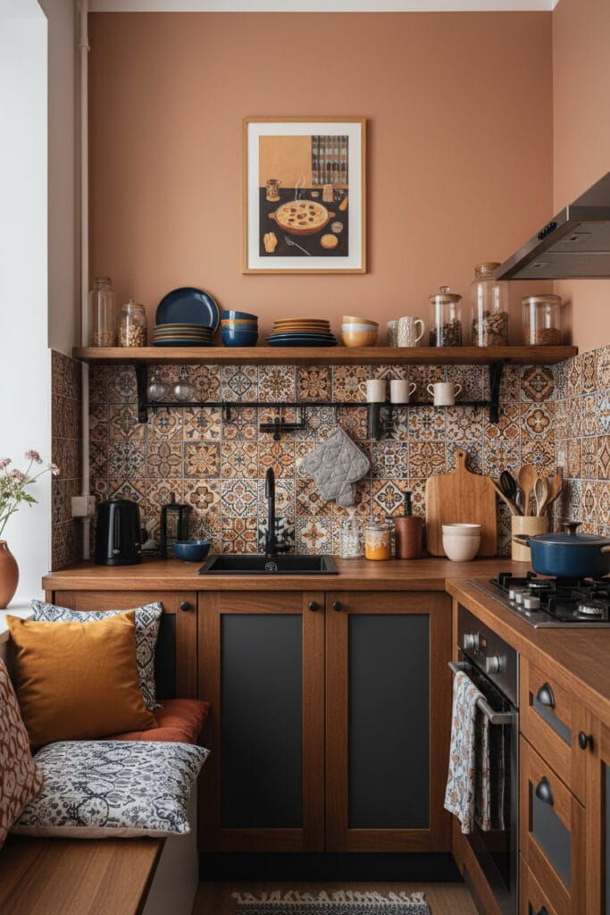 Deco Cuisine éclectique avec crédence décorative adhésive et couleurs chaleureuses en fin de journée