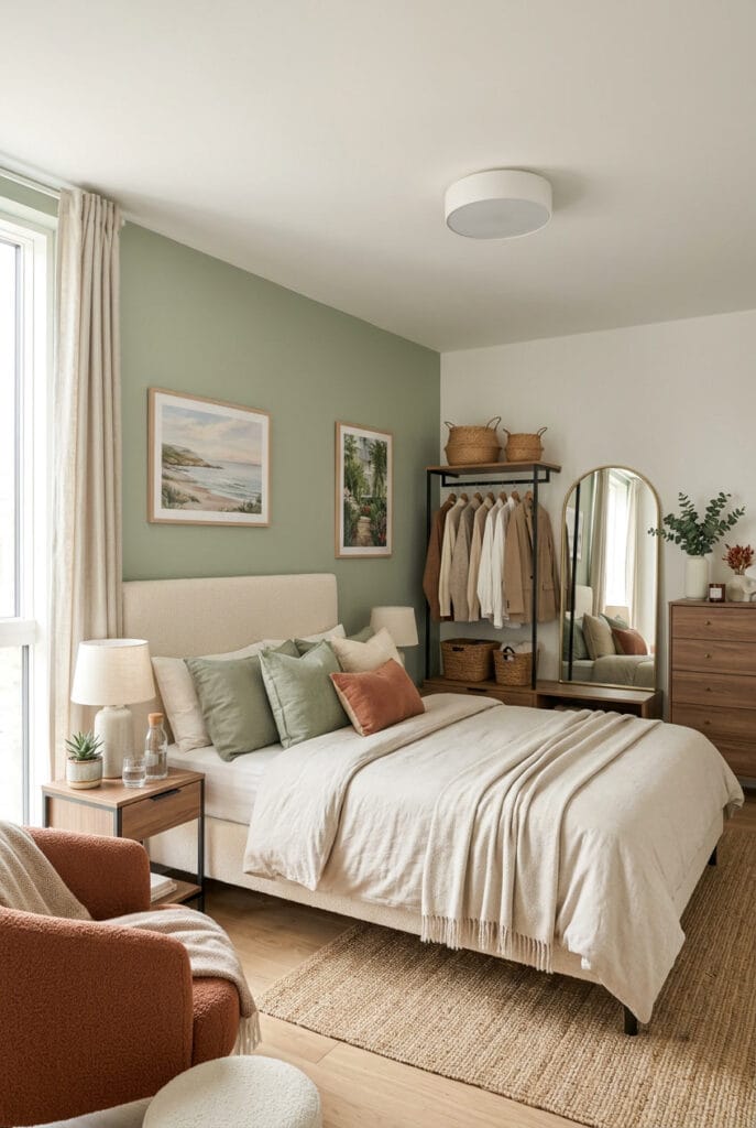 Chambre cosy avec mur peint en vert sauge et linge de lit assorti
