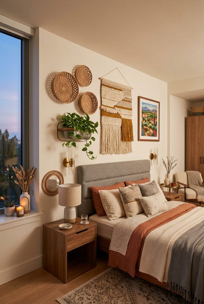 Objets muraux uniques : tissages, paniers en osier et supports plantes dans une décoration murale chambre