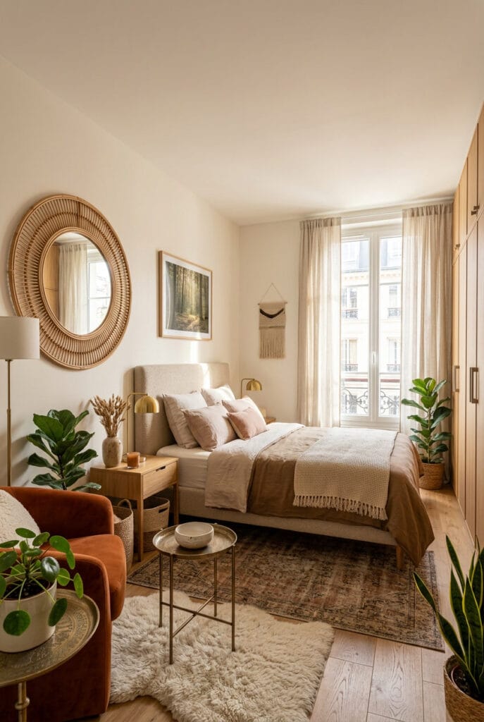 Miroir déco élégant au cadre doré dans une décoration murale chambre lumineuse