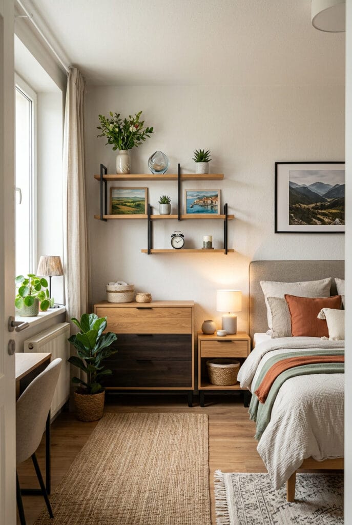 Étagères murales design en bois avec objets déco et plantes dans une chambre