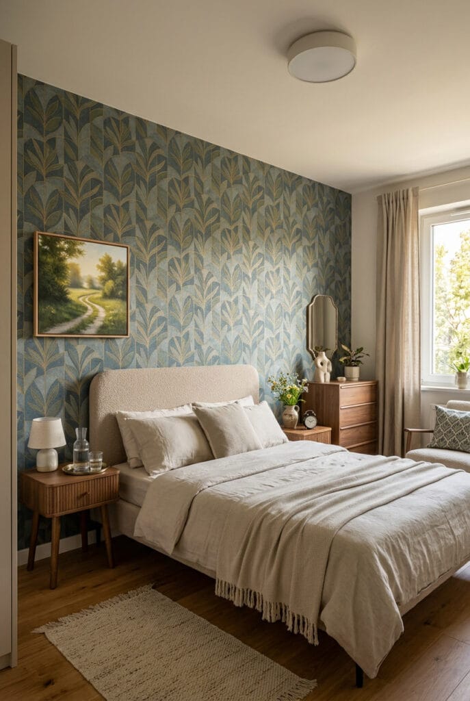 Pan de papier peint à motifs derrière le lit dans une décoration murale chambre