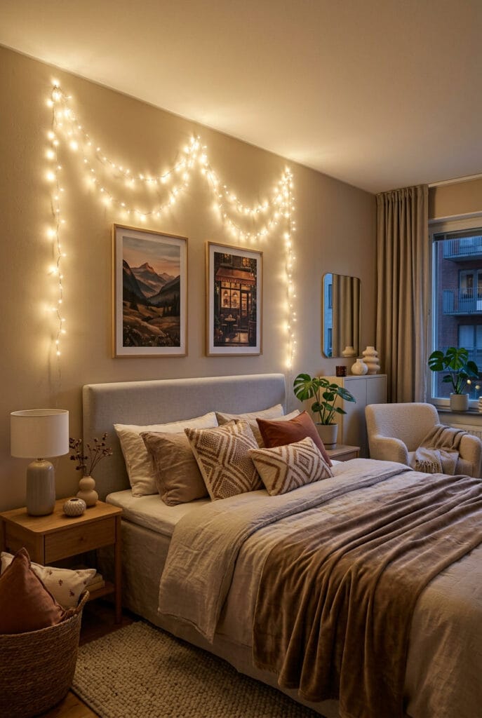 Guirlandes lumineuses murales autour du lit dans une décoration murale chambre cosy