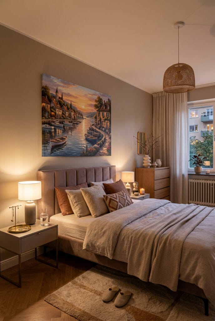 Grande toile artistique au-dessus du lit dans une décoration murale chambre